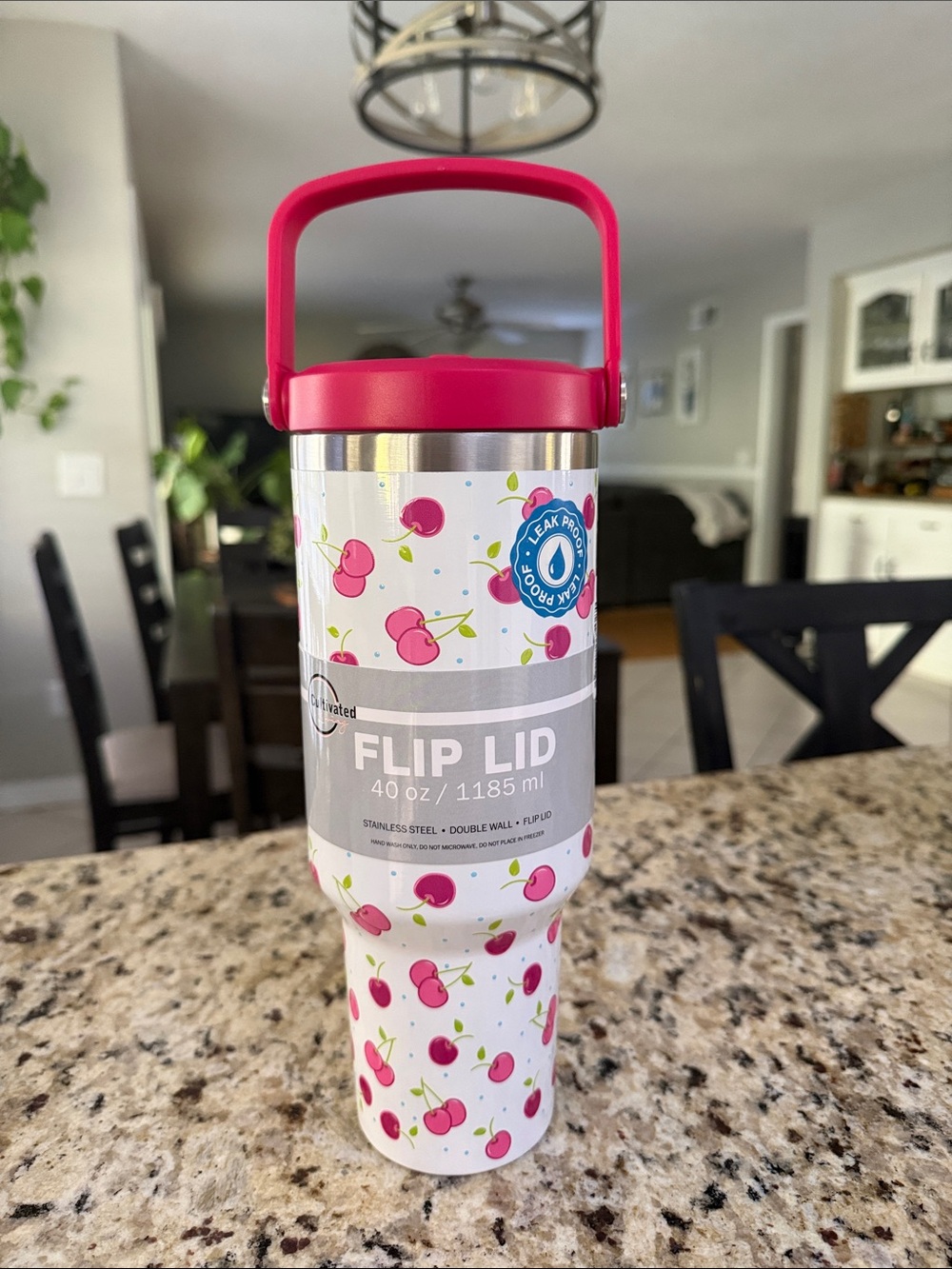 Flip Lid 40 oz Tumbler with Pink Cherry Handle